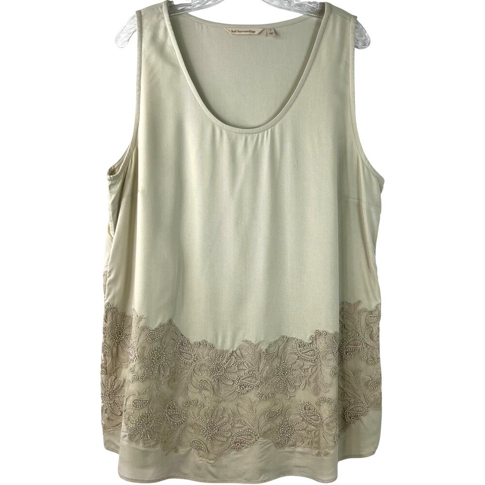 Soft Surroundings Tunic Top Tan Beaded Lace Floral Minimalist Clean Girl Size L